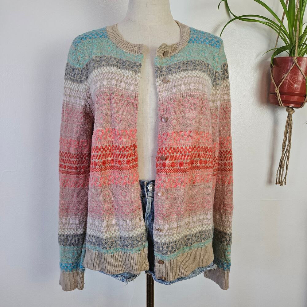 Talbots Fair Isle Stripe Cardigan Sweater L Beige Coral Aqua Wool Blend
